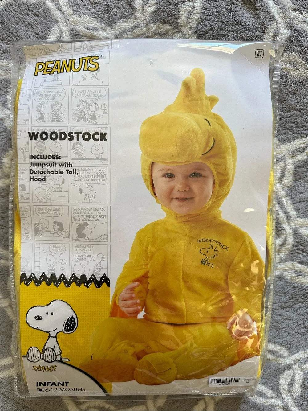 Peanuts Woodstock Infant Costume Yellow Plush Jumpsuit with Hood Size 6-12 Month